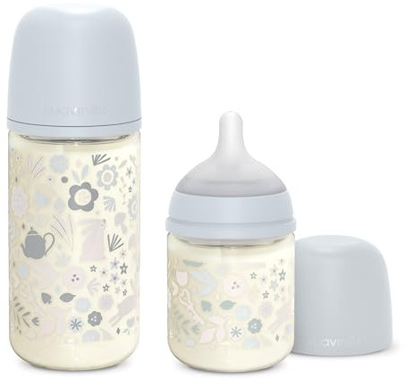 Suavinex, Confezione Biberon in Vetro, Biberon Anti-Coliche Tettarella simmetrica in Silicone SX Pro, Biberon Flusso Lento 120 ml (S) + Biberon Flusso Medio 240 ml (M), +0 Mesi, Wonder Azzurro