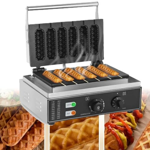 Commercial French Hot Dog Waffle Maker Iron Machine 1500W Electric Nonstick Corn Dog Maker 5/6 PCS Hotdog Cheese Stick Press Iron, 50-300℃ Temp Control, 5-min Timer French Muffin Cooker