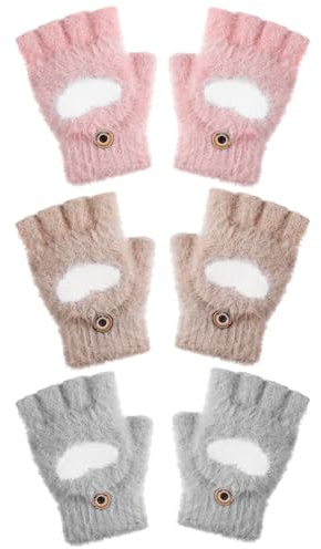 Geyoga 3 Pares Guantes Convertibles sin Dedos de Corazón con Tapa Abatible(Caqui, Rosa, Gris,8-12 Años)
