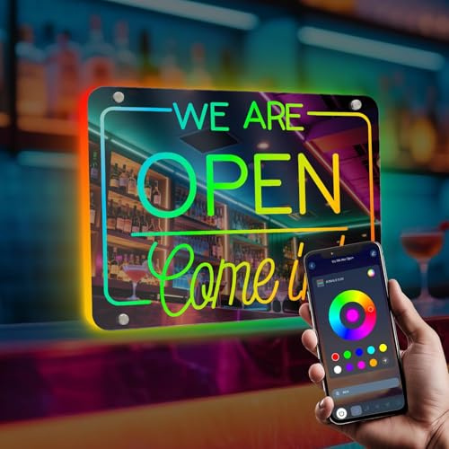 Horseneon We Are Open Come in Neon Schild,Spiegelfarb Led Schild Dimmbarer Open Leuchtschild Wand Dekor Brief Led Schriftzug Zeichen für Restaurant,Bar,Kaffee,Club,Dessert Store, Eröffnung Geschenk