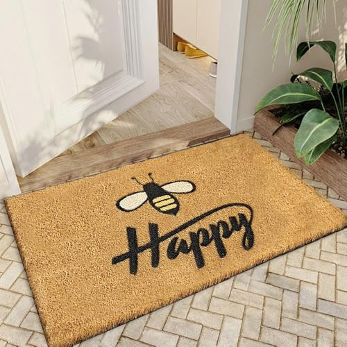 Qingbei Rina Front Door Mat Outdoor,40x70cm,Coir,Bee Happy | No-slip Backing,Super Absorbent,Heavy Duty Dirt Trapper,Weather Resistant,Low Profile,Welcome Entrance Mat,Eco Friendly