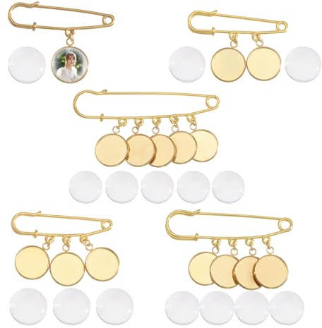 CHGCRAFT 5 Stück 5 Stil Hochzeit Blumenstrauß Foto Charm Blumenstrauß Foto Anhänger Stahl Glas Flach Rund für Hochzeit Dusche Braut Party Dekor, Golden