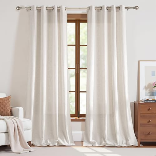 PONY DANCE Leinen Vorhang 260cm Wohnzimmer Gardinen Halbtransparent | Hellcreme,2er Set,H260 x B140 cm,Boho Gardinen Leinenoptik mit Bronzenen Ösen,Dichter Leinenvorhang(250g/m²),Linen Curtains