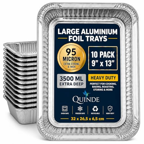 QUINDE Large Foil Trays – Pack of 10 – Heavy Duty 3500ml Aluminium Containers (9×13), Deep Roasting, Baking & Cooking Turkey Trays, Disposable Catering Food Containers (Without LIDS)