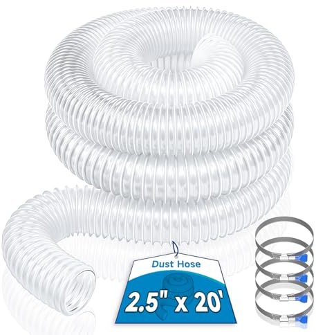 Hon&Guan 2 1/2 x 20' Dust Collection Hose, 2.5 Inch Flexible Clear PVC Dust Collector Hose with Carbon Steel Wire Woodworking Dust Collecting System, Includes 4 Hose Clamps