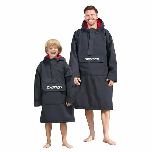 Owntop Cappotto Avvolgente Impermeabile per Adulti - Cappotto semizipper Oversize Antivento con Fodera in Peluche Sherpa, Poncho Surf Ideale per cambiarsi e asciugarsi Dopo Spiaggia (Nero,M)