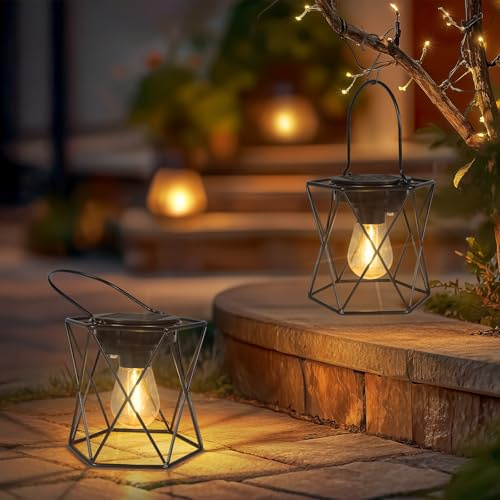 Dehobo Lanterne Solari Da Esterno 2 Pezzi - Lanterna Solare Da Esterno IP65 Impermeabile - Forma X Solar Light Lanterne Da Giardino Bianco Caldo Per Da Esterno Giardino Feste Patio Decorazioni