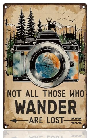 Doodlearm Retro Camera and Forest Tin Sign Not All Those Who Wander are Lost Metal Wall Decor 20x30 cm Wall Art Poster for Home Coffee Shop Kitchen Toilet Decor Gift