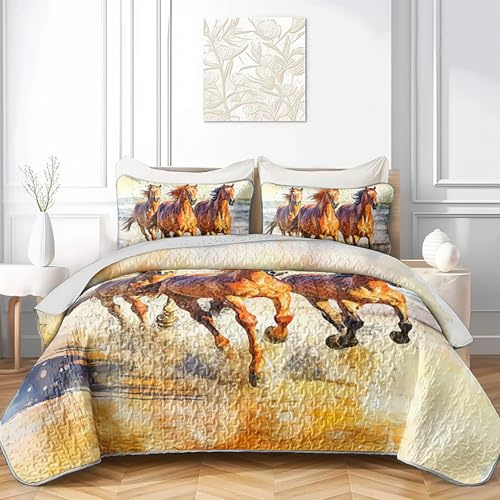 QOOMO Horse Quilt Set Full/Queen Size, 3 Pieces Galloping Horse Printed Bedspreads Coverlet Set, Soft Microfiber Lightweight Western Animal Bedding Set with 2 Pillowcases for All Season