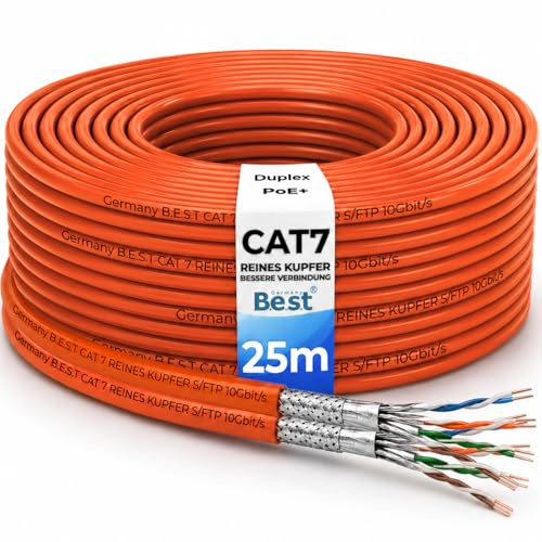 CAT 7 Duplex Netzwerkkabel 25m Reines Kupfer LAN Verlegekabel S/FTP 10 Gbit | 100 % reines Kupfer, Duplex LAN Verlegekabel, Ethernet Installationskabel, S/FTP, PoE+, 10 Gbit, Router, Switch, Keystone