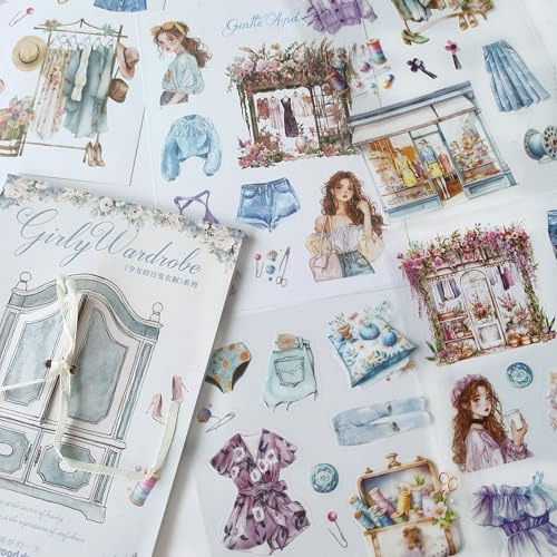 20 fogli Adesivi per scrapbooking Stickers estetici Accessori,serie Girl Adesivi PET per bullet journal fai da te,album fotografico,computer,blocchi note(Girl's wardrobe 2)