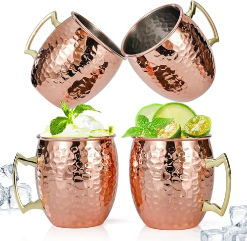 Moscow Mule Copper Mugs, Set of 4, 16oz 100% Pure Solid Handcrafted & Hammered For Cocktails Gift Set