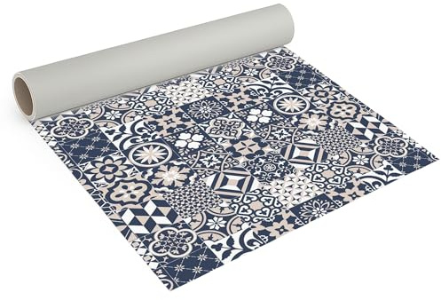 Internethandel Pfordt CV Bodenbelag Retro Fliese Blau, 400x200 cm, pflegeleichter PVC Vinylboden in Holzoptik, Meterware für Küche und Wohnzimmer