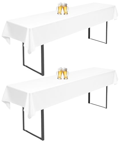 2 Stück Biertisch Tischdecke Weiß Wasserabweisender Polyester für 50cm u.70cm Biertische Hussen, Rechteckige Tischdecken Waschbar 100x250cm (Weiß)