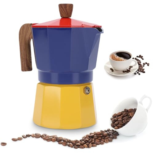 Zerodis Cafetière à Expresso sur Cuisinière de 150 Ml, Cafetière Italienne Compacte avec Poignée Anti-brûlure, Portable pour le Brassage à Domicile du café Cubain (Rouge Bleu et Jaune)