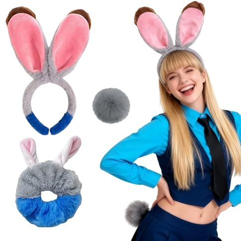 RAOPNHS 3er Set Hasenohren Kostüm Zubehör, Grau Bunny Ohren Haarreif mit Schwanz und Haargummi, Biegsame Bunny Ears für Karneval, Ostern, Cosplay und Mottopartys, Hasenkostüm Damen