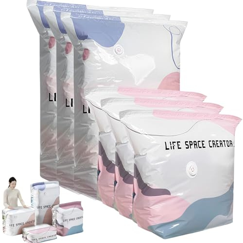 No-Pump Vacuum Storage Bags, Press & Seal Space Saver 80% Space Bags for Clothing, Keeps Clothes Dry & Dust‑Free, Pillows, Comforters, Blankets, Bedding,Travel (6PCS,Mix)