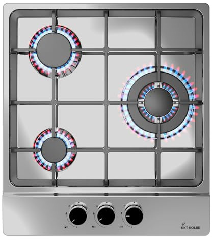 KKT KOLBE Piano cottura a gas da 44,5 cm, autonomo, 6,2 kW, 3 fuochi, regolabile in continuo, zona wok, senza cornice, controllo a manopola, supporti in ghisa, acciaio inox, gas propano, gas naturale
