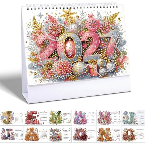 Lebartm 2027 DIY Diamond Art Desk Calendar Creative Design Thick Paper Alphabet Theme Gemstone Painting Art Crafts Monthly Flip for Tabletop Home Office Planning-Letter02