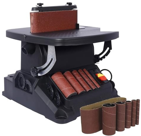 Bench Belt Sander, 2850RPM Belt Sander with 5 Sanding Sleeves, 45° Tilting Table, 58 Times/min Belt Oscillation, for Woodworking Contours and Curves