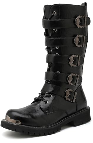 JHYUUKAU Bottes Gothiques Homme Bottes de Combat Punk | Bottes de Moto avec Boucles Style Rétro Biker Rangers avec Fermeture Éclair Cosplay