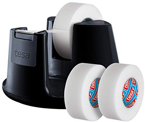 tesafilm Tischabroller Compact - Klebebandspender mit Anti-Rutsch-Boden für sicheren Halt - inkl. 3 Rollen tesafilm invisible 33 m x 19 mm - Schwarz
