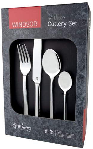 Grunwerg Windsor Carded 44-Piece Boxed Mirror Cutlery Set 44BXWDR, 18/0 Stainless Steel, Silver