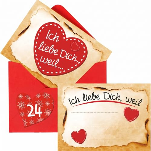 Adventino Adventskalender mit 24 Karten Ich liebe Dich, weil ... in 24 roten Umschlägen für Männer, Frauen, Paare