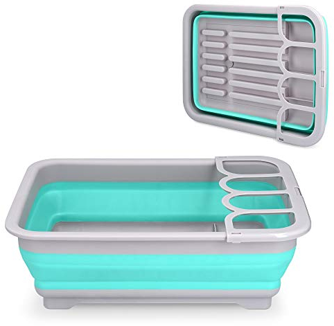 Navaris Geschirrkorb Abtropfgestell für Geschirr - Abtropfständer Abtropfkorb mit Abfluss - Abtropfschale für Camping Wohnmobil Küche - faltbar