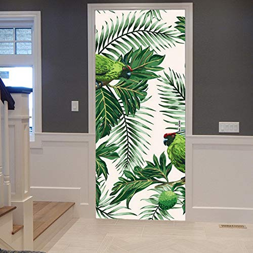 A.Monamour Adesivo Porta Autoadesiva Pappagallo Dipinto Ad Acquerello Uccello Verde Foglie Di Palma Tropicale Frutta Vinile PVC Adesivi per Porte Interne 3D Pellicola Adesiva Poster Sticker Murale