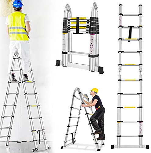 XMTECH Teleskopleiter Klappleiter Multifunktionsleiter Ausziehleiter Anlegeleiter Mehrzweckleiter Ausziehbare Leiter Stehleiter - 2,5M+2,5M Klappleiter, 16 Sprossen, Silber