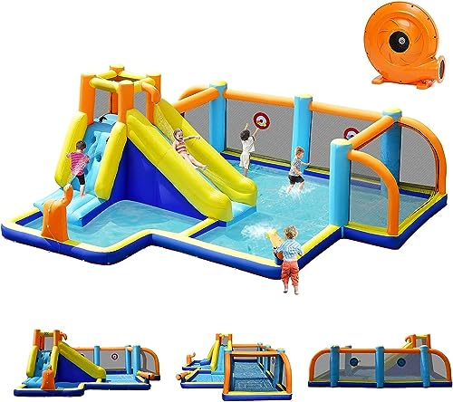 GOPLUS Château Gonflable avec Souffleur 680W,Structure Gonflable avec Toboggan Aquatique,Mur d’Escalade,Piscine,Terrain de Football Jeu de Fléchettes pour Enfants de 3-12 Ans 500x465x200cm