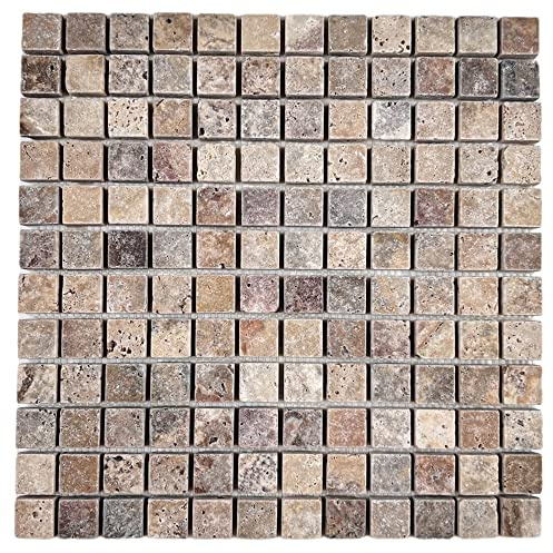 Tenedos Scabos Travertine 1x1 (Exact Size 7/8 Inch) Tumbled Square Mosaic Floor and Wall Tile for Kitchen Backsplash, Bathroom Walls, Accent Wall, Swimming Pool, Fireplace Surround (1)