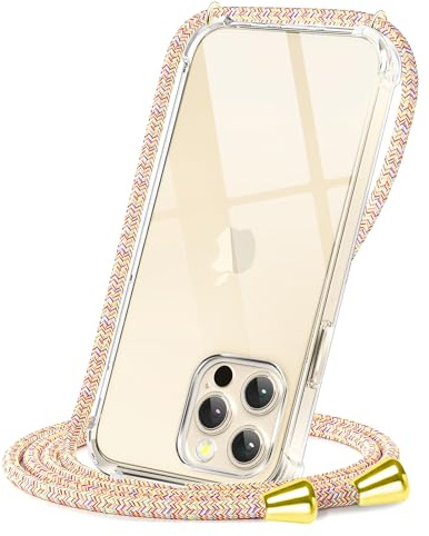 CAROKI Crossbody Case for iPhone 14 Pro Max,Necklace Mobile Phone Cover with Cord Strap Clear Transparent TPU Soft iPhone 14 Pro Max Cover Holder with Neck Cord Lanyard Strap-Rainbow