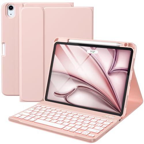 Vobafe Coque Clavier iPad Air 11 Pouces M4 2026/M3 2025/M2 2024, iPad Air 10.9 5ème 2022/4ème 2020, Etui Détachable Keyboard 7 Couleurs Rétroéclairées avec Porte Crayon, AZERTY Layout, Rose