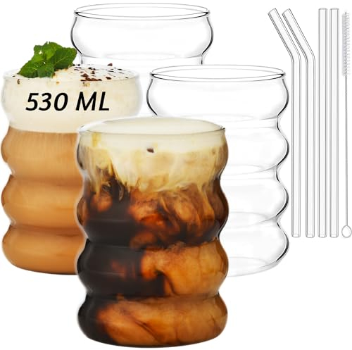 ALINK Lot de 4 Verres Côtelés de 530 ml Avec Pailles en Verre - Pour Café Glacé, Eau, Long Drink, Cocktail, Soda - Idée Cadeau