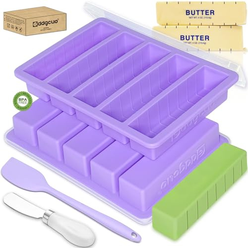 GDDGCUO Silicone Butter Molds with Spatula and Lid, Non-Stick Butter Tray with Butter Knife, Reinforced Steel Frame Inside, Perfect for Making 5 Standard 8 Tbsp Butter Sticks, Energy Bar, 2 Pcs