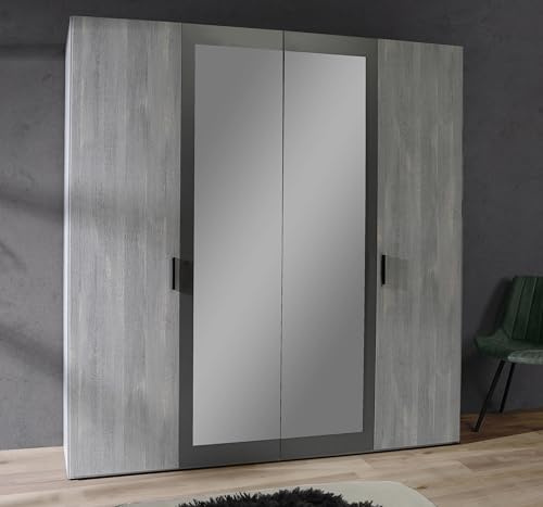 FORTE Leonard Schrank 200, Kleiderschrank, Drehtürenschrank, 4-türig mit Einlegeböden und Kleiderstange, Nordisch Eiche Grau/Grau Matt, 200 cm breit x 210.5 cm hoch x 54.5 cm tief