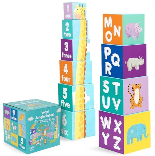 boppi Blocchi impilabili per bambini, Animali del safari nella giungla Blocchi con lettere e numeri, Cubi Montessori per i più piccoli, Giocattoli di apprendimento prescolare
