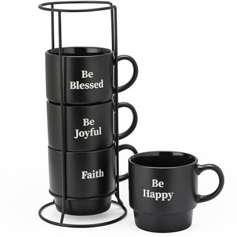 Signature Housewares Be Happy - Juego de 4 tazas de café apilables de gres con estante de metal, tazas de café de 15 onzas para café, té, chocolate caliente, leche, juego de 4, negro mate