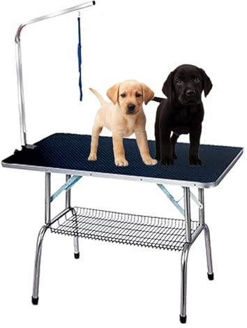 Mesa Peluqueria Canina Plegable Mesa de Peluquería con Brazo, Cordón, Abrazaderas, Bandeja Metálica para Perros Gatos Mascotas con Tablero Antideslizante(Black,S)