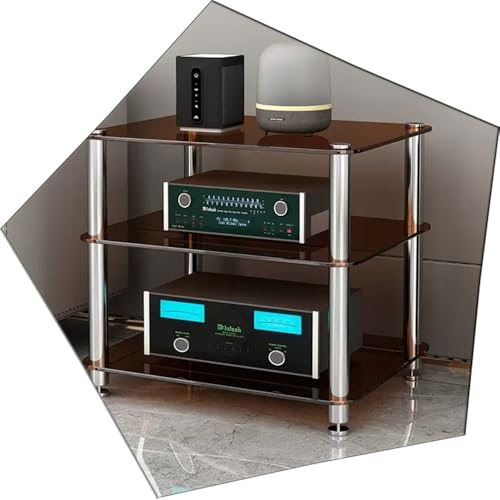 ZIUSFAC Étagère Média AV Media Étagères en Verre Transparent Audio Armoire D'équipement Stéréo Armoire De Composants 1/2/3 Niveaux Meuble pour Console DVD Player(Brown,3 Tier)
