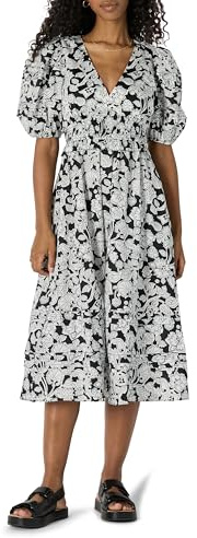 Amazon Essentials Abito Midi in Raso di Cotone con Busto Aderente e Gonna Svasata, Maniche a Sbuffo e Scollo a V Donna, Nero Avorio Folk Floral, XS