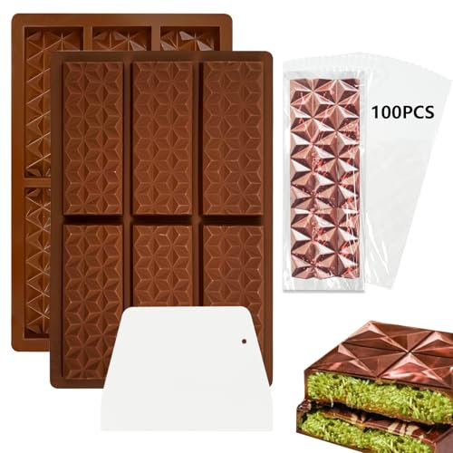2 moldes de chocolate Dubai de silicona, molde de chocolate profundo, 6 celdas, con 100 bolsas de dulces y raspador de chocolate, para caramelos de chocolate