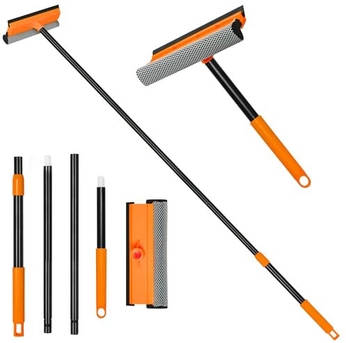 JEHONN Lavavetri con Corto e Manico Telescopico 138 cm, Pulisci Vetri Finestre Professionale, Tergivetro in Silicone e Spugna, Tergipavimento per Pareti di Vetro Bagno Auto Doccia Finestre