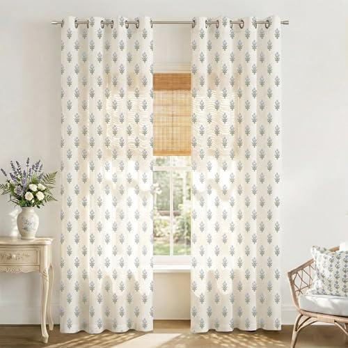 Sheer Curtains 96 Inches Long 2 Panels Set for Sliding Glass Doors,Dusty Baby Blue Linen Floral Country Leaf Curtains for Bedroom Living Room Livingroom