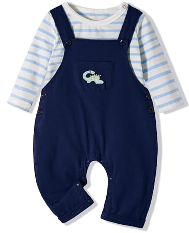 Volunboy Kostym för barn, unisex set med 2 långa ärmar och snickarbyxor söt dinosaurie babyklänning jumpsuit, Marinblå, 18-24 M�nader