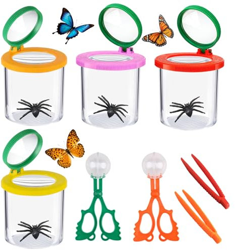 Golgner 8 Stück Becherlupen für Kinder, Insekten Beobachtungsbox mit 2 Pinzette und Insektenfänger Scherenzange - Outdoor Wissenschaft Natur Erkundung