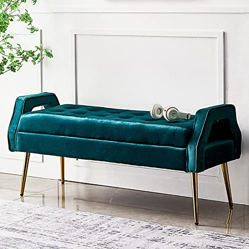 Luxuriöse Samt-gepolsterte Bettbank mit goldfarbenen Beinen, bequeme Ottomane, multifunktionale Schuhbank, für den Eingangsbereich, Blau, 100 x 46 x 55 cm