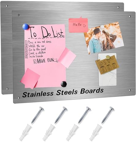 Ooivie A2 Magnetic Notice Board (420mm x 595mm) - Wall-Mounted Stainless Steel Board with Rounded Corners, Brushed Finish, 1mm Thick, Pre-Drilled Holes